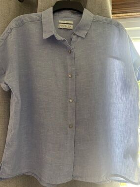 Rachel Zoe Linen Top Womens L Blue Boxy Lightweight Collared Button Up‎